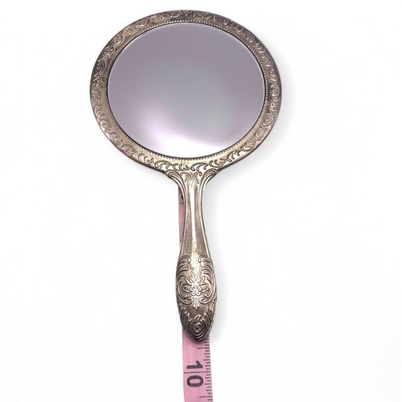 Antique Ornate Silver Handheld Vanity Mirror With Floral Engraving Etched Handle - Picture 9 of 11